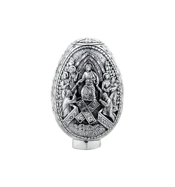 3 3/4" Pure Sterling Silver 2 Sides Crucifixion Resurrection Greek Orthodox Icons Handmade Fabergé Egg 9.5cm