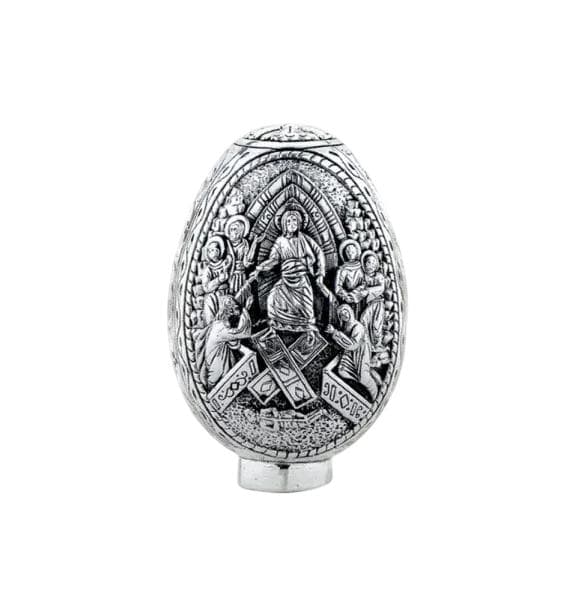 3 3/4" Pure Sterling Silver 2 Sides Crucifixion Resurrection Greek Orthodox Icons Handmade Fabergé Egg 9.5cm