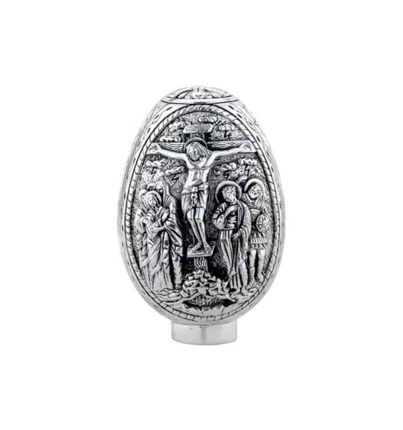 3 3/4" Pure Sterling Silver 2 Sides Crucifixion Resurrection Greek Orthodox Icons Handmade Fabergé Egg 9.5cm