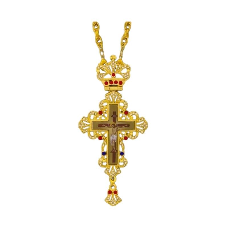 5 1/2" Byzantine Crucifixion Icon Colored Stones Greek Orthodox Pectoral Cross 120cm
