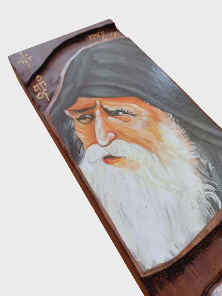 15 3/4" Natural Wood Handcarved Icon of Saint Paisios of Mount Athos with Quote 40cm