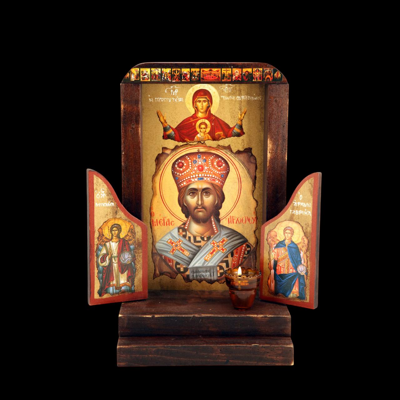 19 1/4" Hand Carved Traditional Greek Orthodox Iconostasis Shrine Jesus with Theotokos & Archangels Standing Wooden Icons 49cm