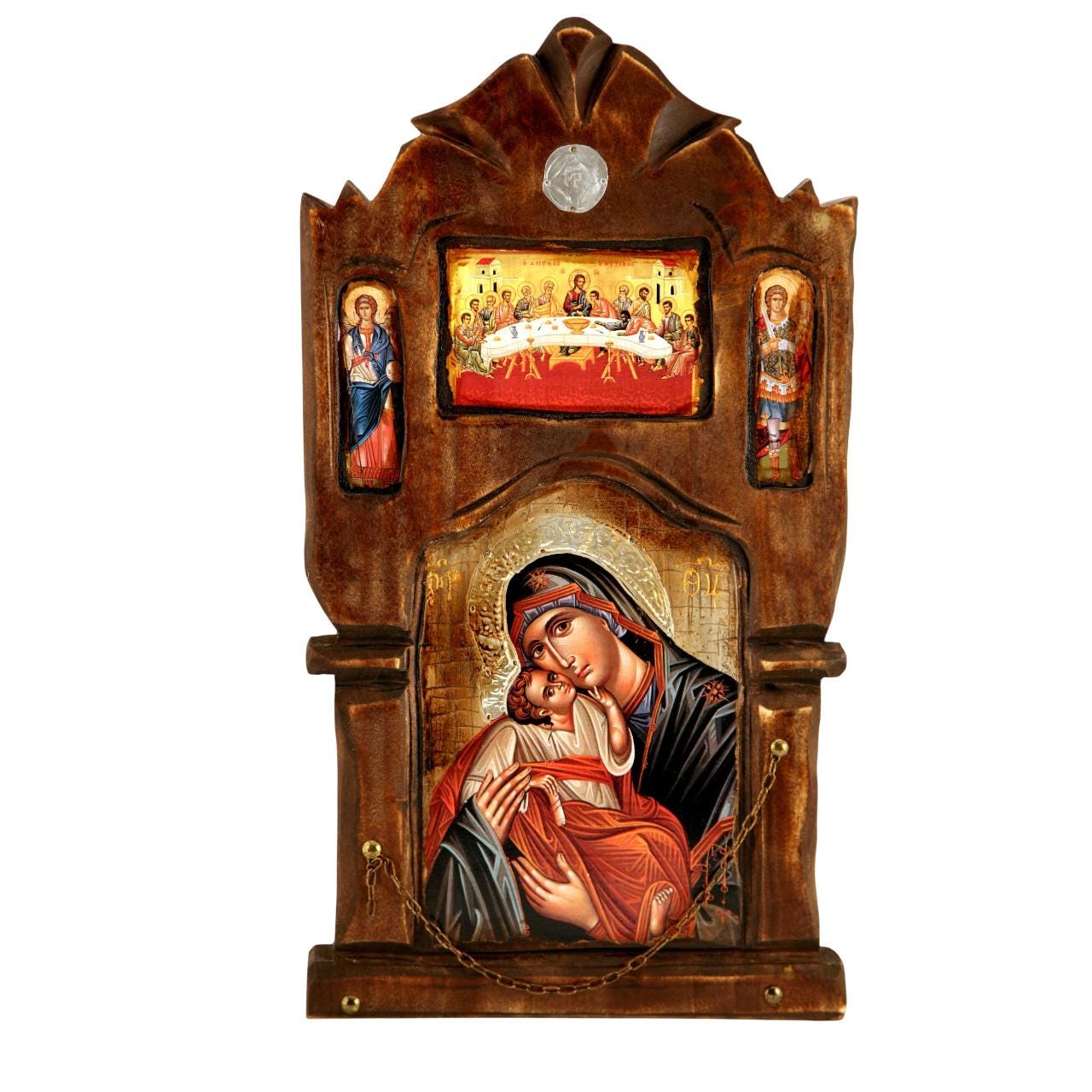 20 1/2" Unique Greek Orthodox Synthesis Theotokos Jesus The Last Supper Archangels Natural Wood Greek Orthodox Icon 52cm
