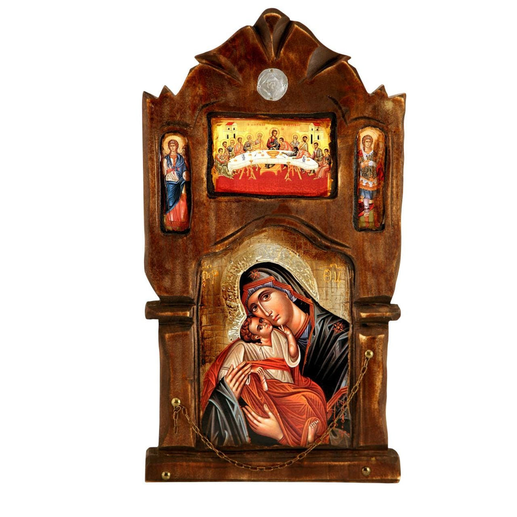 20 1/2" Unique Greek Orthodox Synthesis Theotokos Jesus The Last Supper Archangels Natural Wood Greek Orthodox Icon 52cm