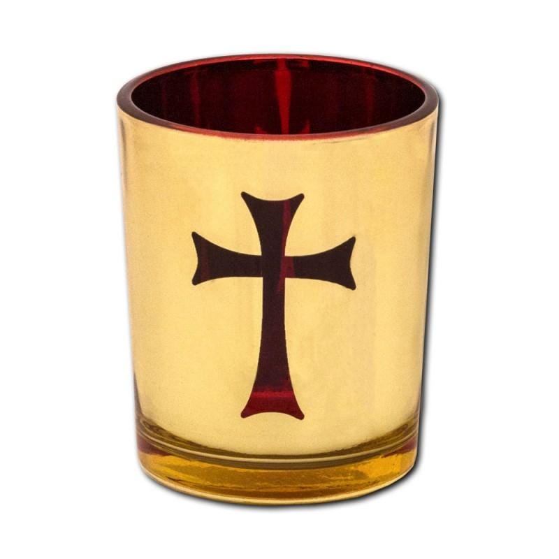 2 3/4" Cross Design Gilded Gold Votive Vigil Oil Lamp Replacement Beautiful Elegant Red Glass Cup 7cm
