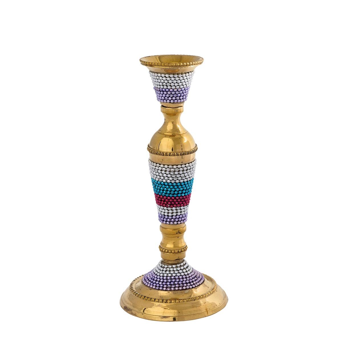 6 3/4" Brass Handmade Candleholder Small Colored Metallic Beads Embellishments 16.8cm