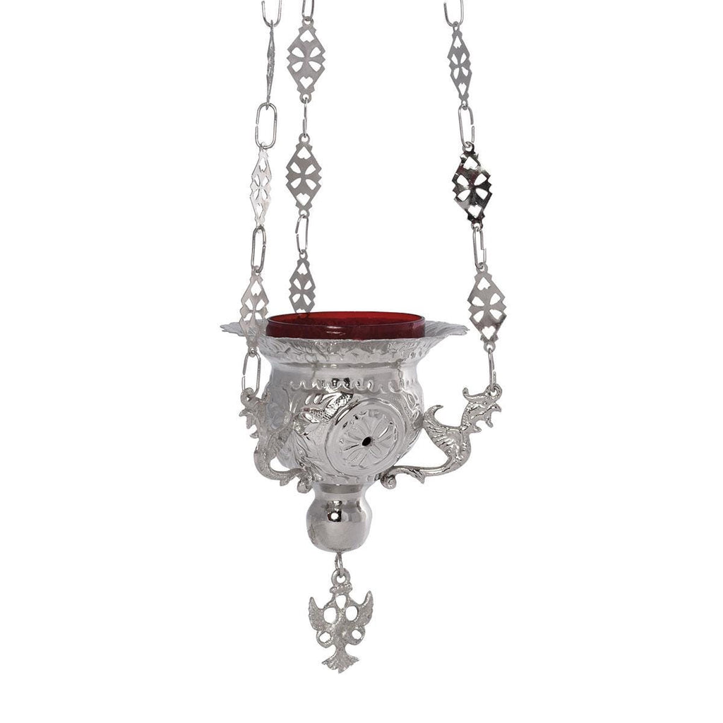 Greek Orthodox Hanging Vigil Oil Brass Burner Lamp Dragons Design Handmade Engraved Lantern Silver Color