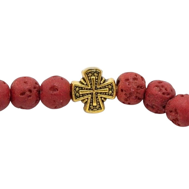 Red Natural Lava Stones Greek Orthodox Cross Elastic Bracelet Prayer Rope Rosary Chotki