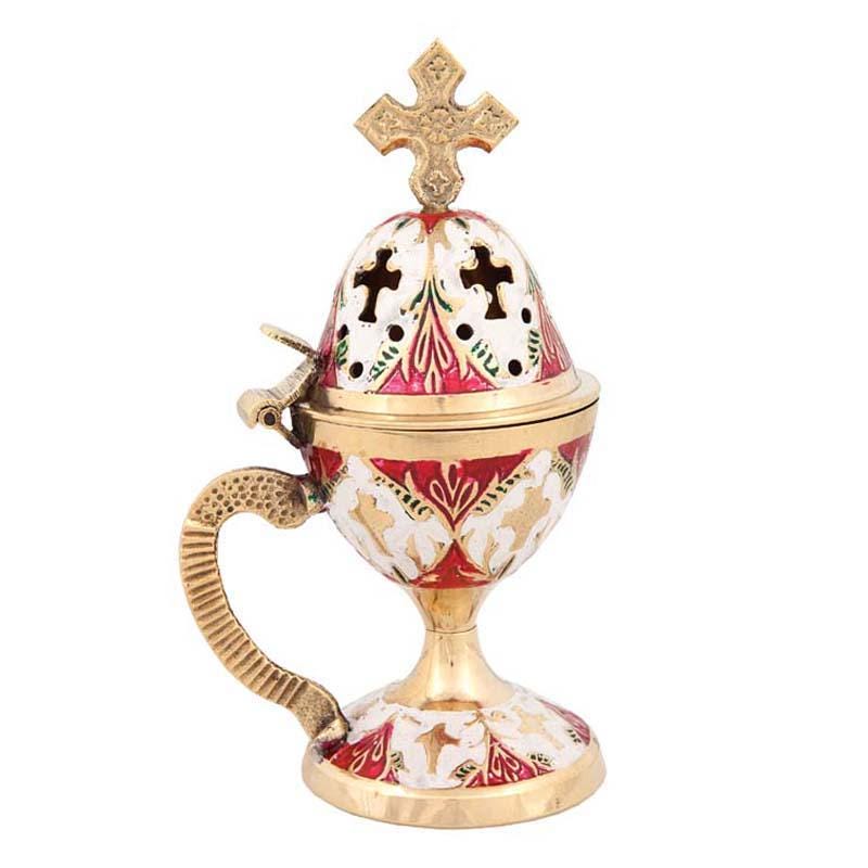 5 1/2" Greek Orthodox Handpained Brass Censer Colored Incense Burner 16cm