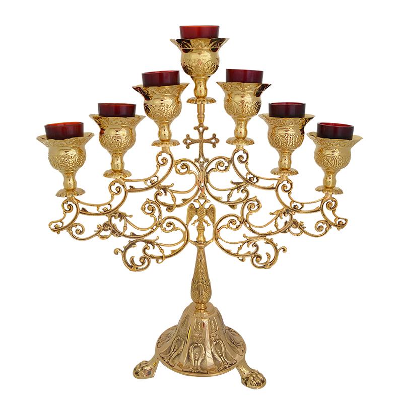 27" Greek Orthodox Engraved Brass Design Large 7 Oil Lamps Altar Church Cross Design Red Glass Votive Standing Candelabra 68cm