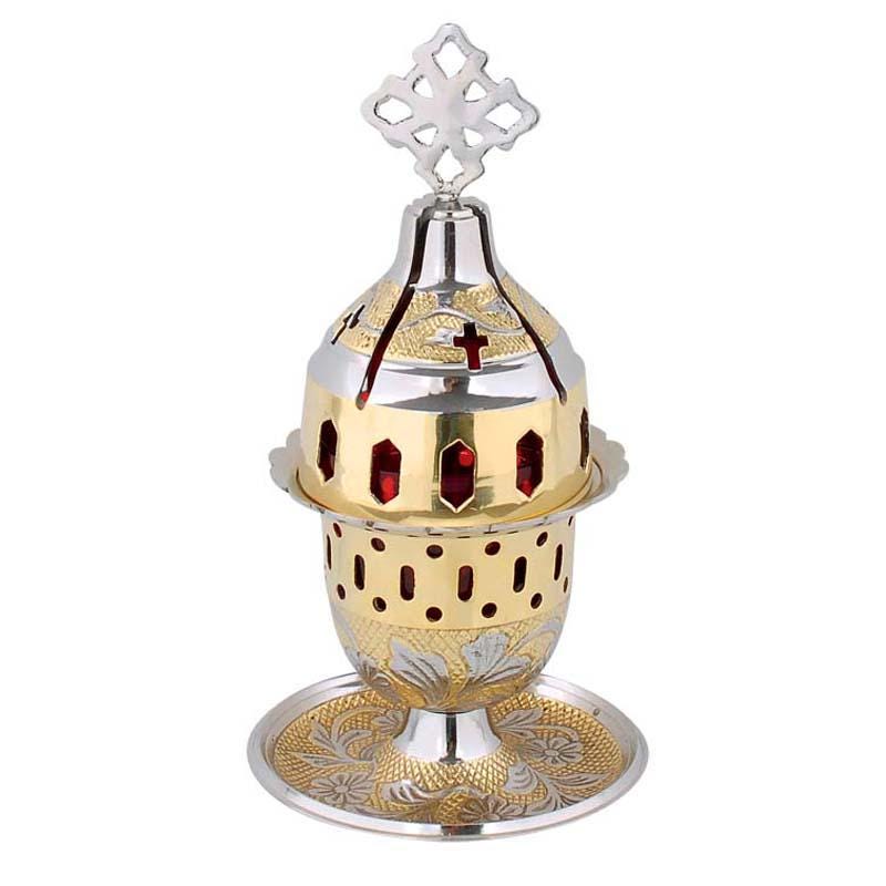 7 3/4" Premium Quality Greek Orthodox Engraved Brass Bicolor Design Vigil Oil Lamp Prayer Corner Altar Candle 19.5cm