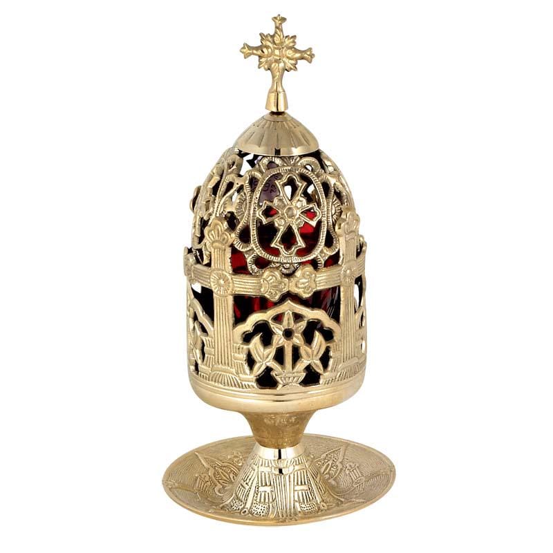 Brass Standing Vigil Lamp • Floral Cross Design • Orthodox Oil Lamp with Red Glass • Altar Prayer Light • Christian Home Candle Lantern