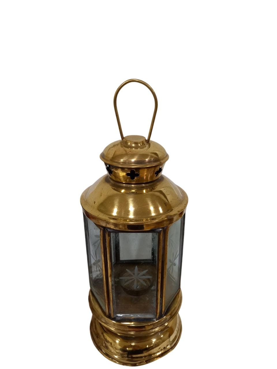 9" Vintage Old Design Brass Engraved Glass Windows Design Lantern 23cm