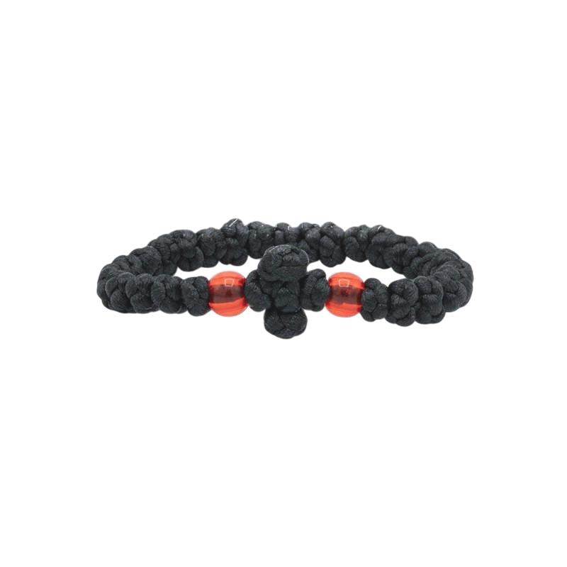 Black Silk Greek Orthodox Prayer Rope – Handknotted Greek Orthodox Bracelet with Red Beads – Handmade Religious Gift Chotki