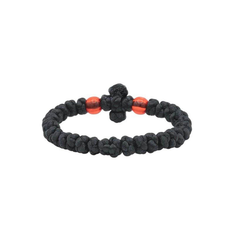 Black Silk Greek Orthodox Prayer Rope – Handknotted Greek Orthodox Bracelet with Red Beads – Handmade Religious Gift Chotki