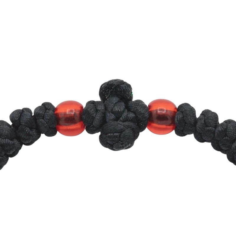 Black Silk Greek Orthodox Prayer Rope – Handknotted Greek Orthodox Bracelet with Red Beads – Handmade Religious Gift Chotki