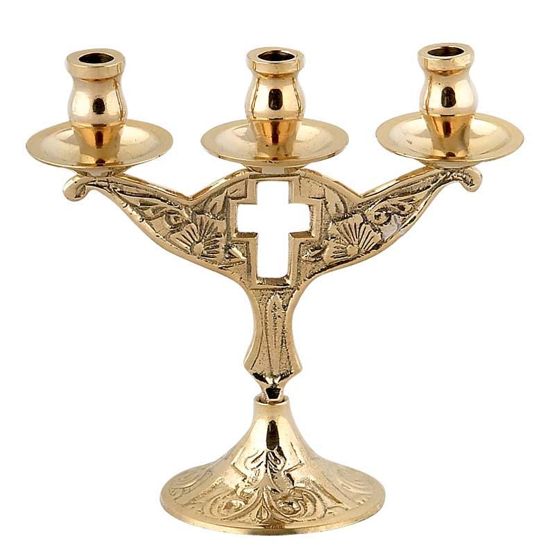 4 1/4" Triple Candleholder Standing Brass Cross Design Candlestick 3 Candles  11cm
