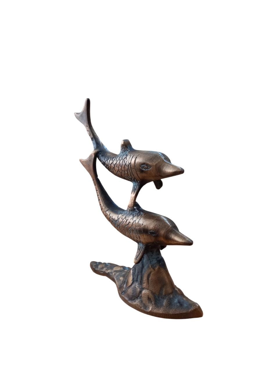 5 1/2" Vintage Dolphins Design Brass Figurine Nautical Beach Decor Art Statue 14cm