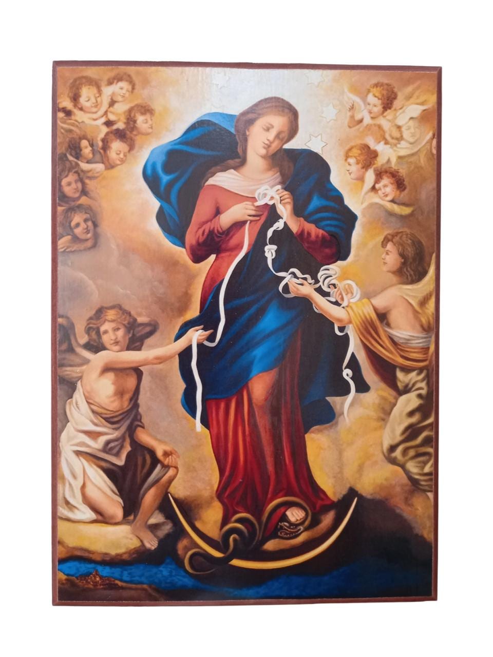 10" Our Lady Undoer of Knots Novena Day 5 Roman Catholic Natural Thick Wood Icon  25.5cm