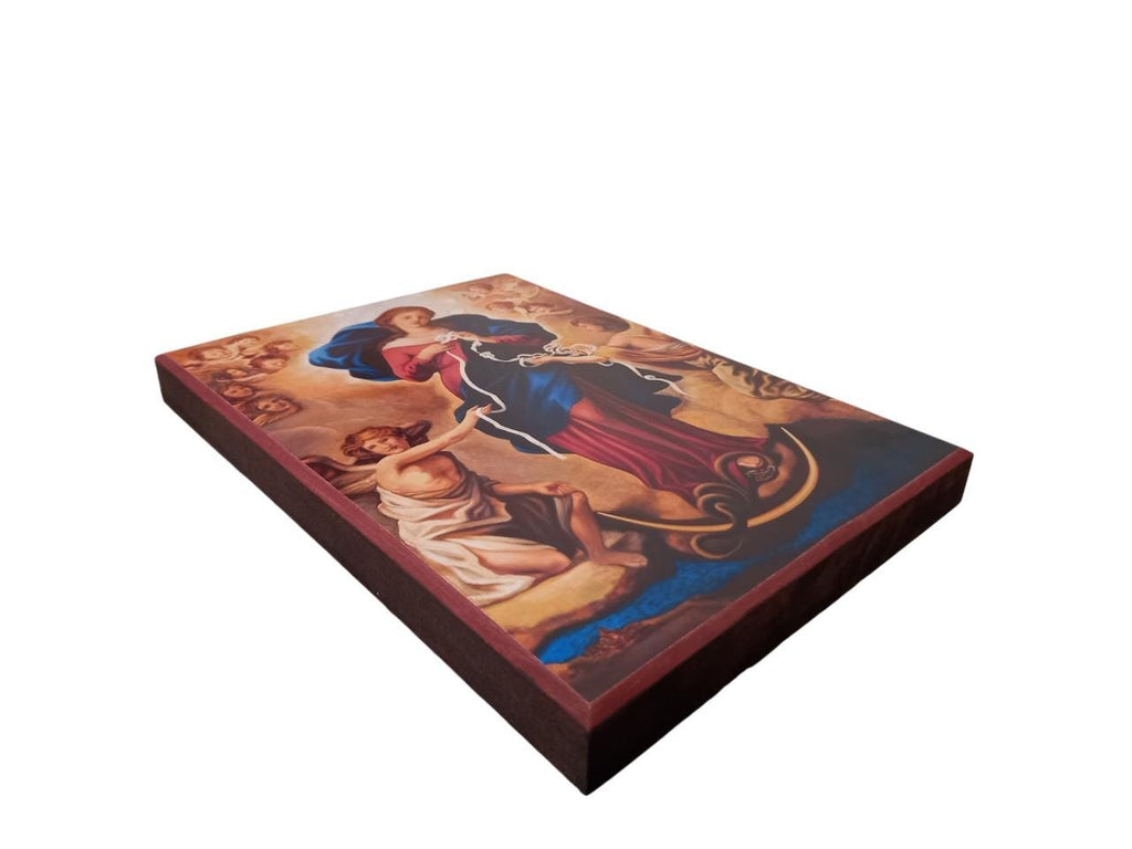 10" Our Lady Undoer of Knots Novena Day 5 Roman Catholic Natural Thick Wood Icon  25.5cm
