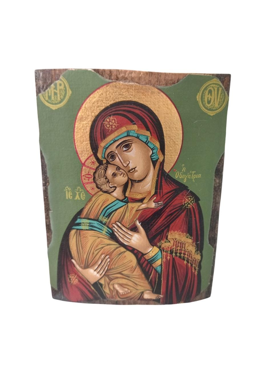 4 3/4" Handmade Greek Orthodox Theotokos the Sweekissing Virgin Mary Canvas on Natural Wood Gold Leafing Icon 12cm