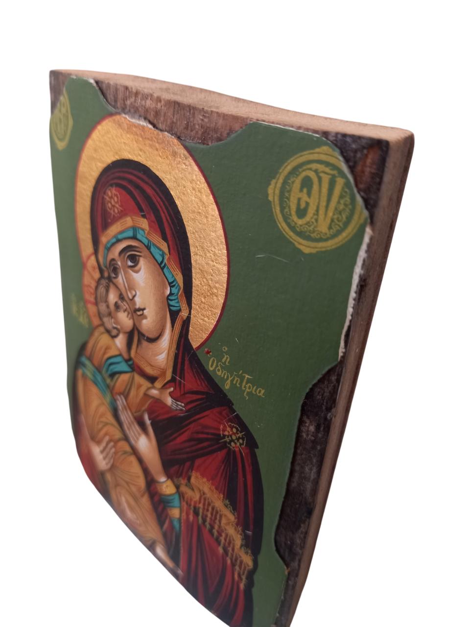 4 3/4" Handmade Greek Orthodox Theotokos the Sweekissing Virgin Mary Canvas on Natural Wood Gold Leafing Icon 12cm