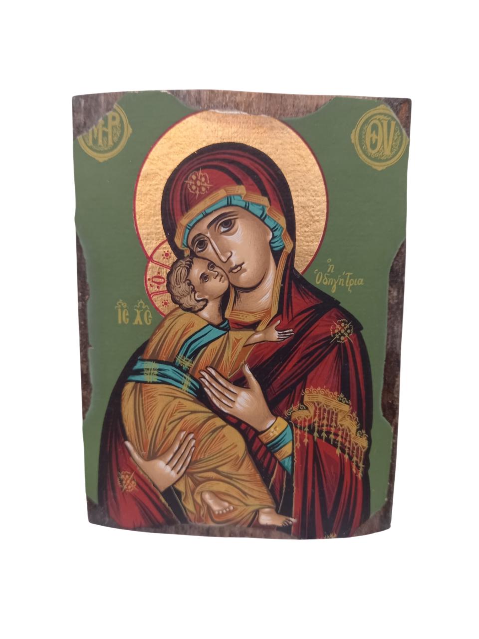 4 3/4" Handmade Greek Orthodox Theotokos the Sweekissing Virgin Mary Canvas on Natural Wood Gold Leafing Icon 12cm