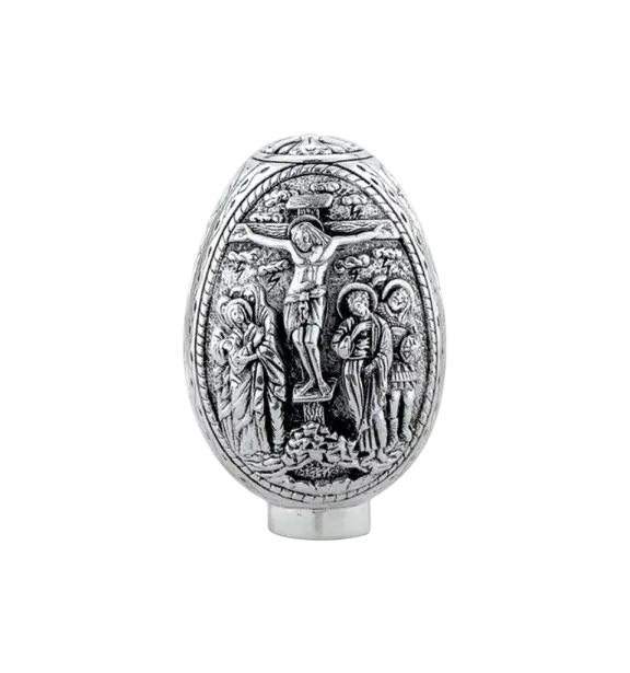 3 3/4" Pure Sterling Silver 2 Sides Crucifixion Resurrection Greek Orthodox Icons Handmade Fabergé Egg 9.5cm