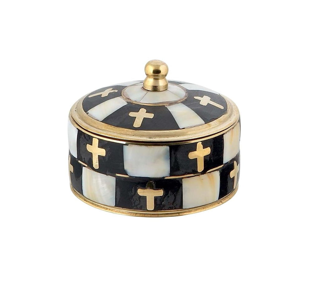 Round Brass Box Relic Case Incense Storage Rosary Safe Religious Jewelry Crosses Design Mother of Pearl Inlay Greek Orthodox Anointing Oil