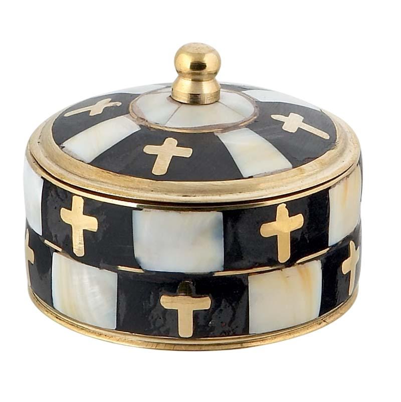 Round Brass Box Relic Case Incense Storage Rosary Safe Religious Jewelry Crosses Design Mother of Pearl Inlay Greek Orthodox Anointing Oil