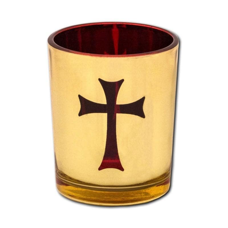 2 3/4" Cross Design Gilded Gold Votive Vigil Oil Lamp Replacement Beautiful Elegant Red Glass Cup 7cm