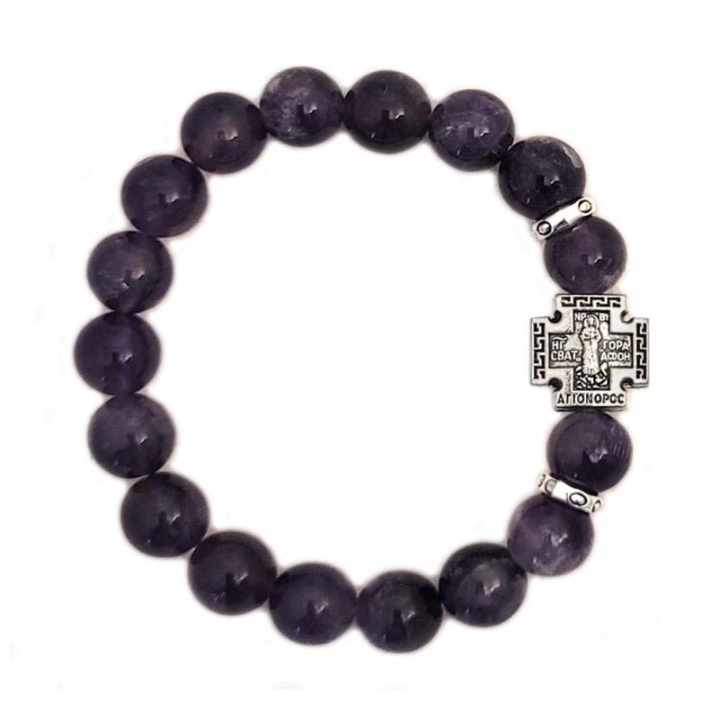 Amethyst Natural Stone Greek Orthodox Mount Athos Cross Sign Icon Elastic Prayer Rope Purple Elegant Bracelet Gemstone Jewelry