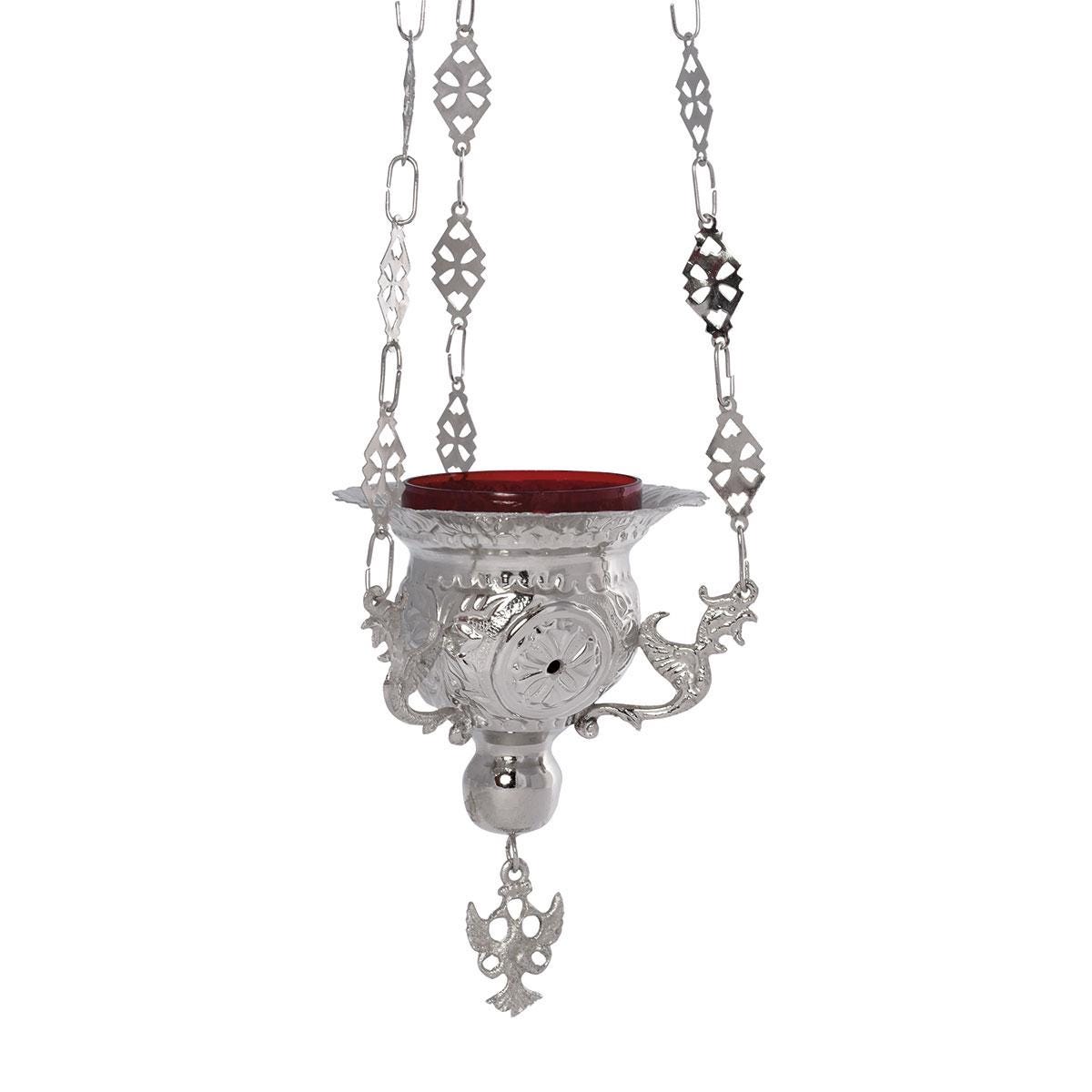 Greek Orthodox Hanging Vigil Oil Brass Burner Lamp Dragons Design Handmade Engraved Lantern Silver Color