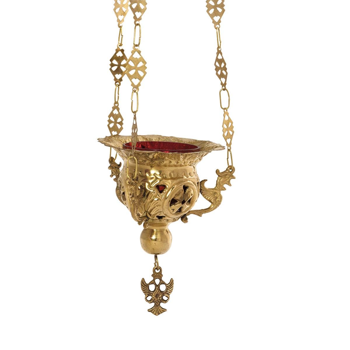 Greek Orthodox Hanging Vigil Oil Brass Burner Lamp Dragons Design Handmade Engraved Lantern