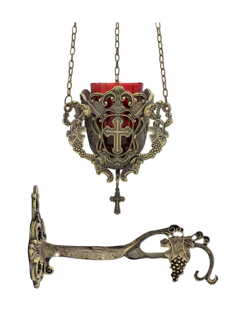 Greek Christian Vigil Oil Lamp Wall Hanging Cross & Vine Design Byzantine Orthodox Decor with Hanging Chains