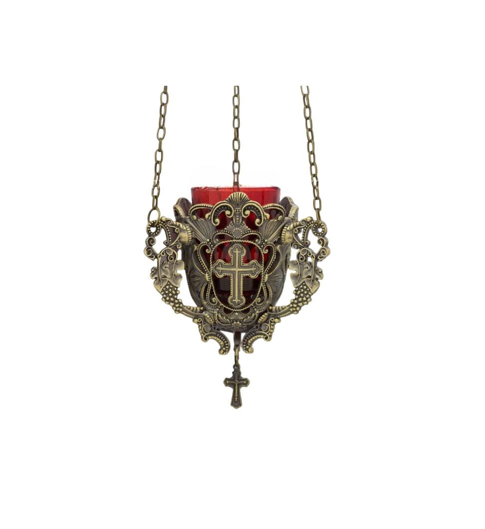Greek Christian Vigil Oil Lamp Wall Hanging Cross & Vine Design Byzantine Orthodox Decor with Hanging Chains