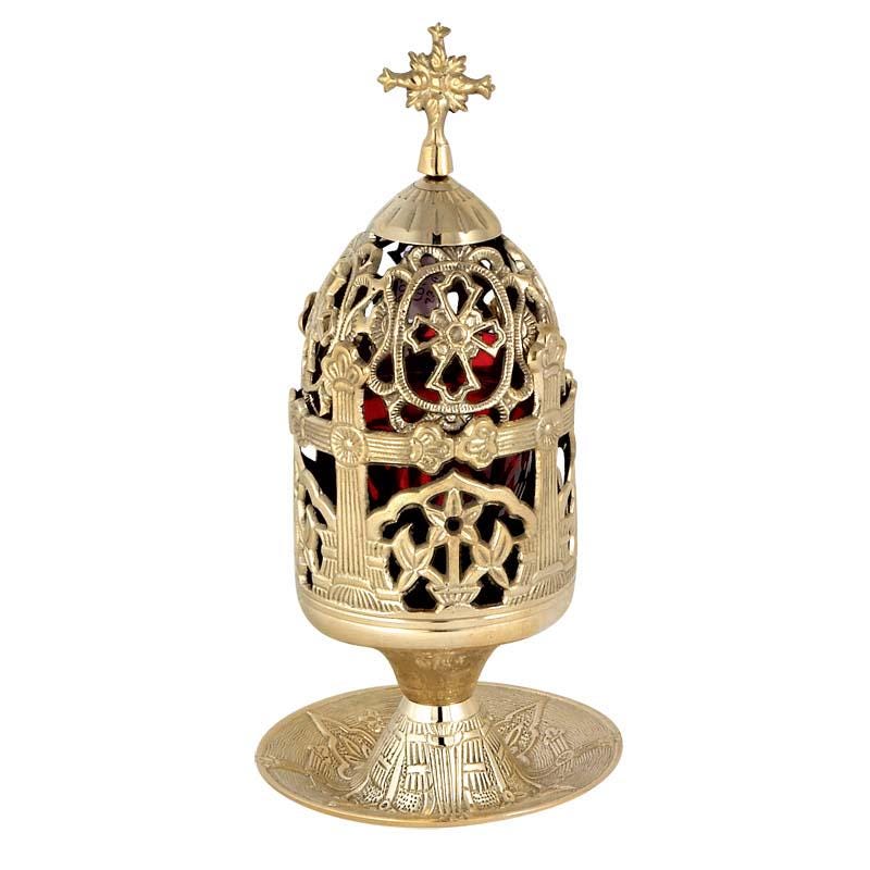 Brass Standing Vigil Lamp • Floral Cross Design • Orthodox Oil Lamp with Red Glass • Altar Prayer Light • Christian Home Candle Lantern