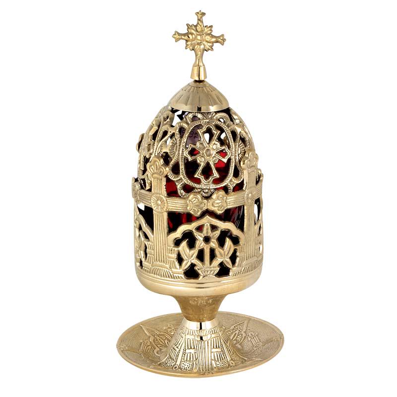 Brass Standing Vigil Lamp • Floral Cross Design • Orthodox Oil Lamp with Red Glass • Altar Prayer Light • Christian Home Candle Lantern