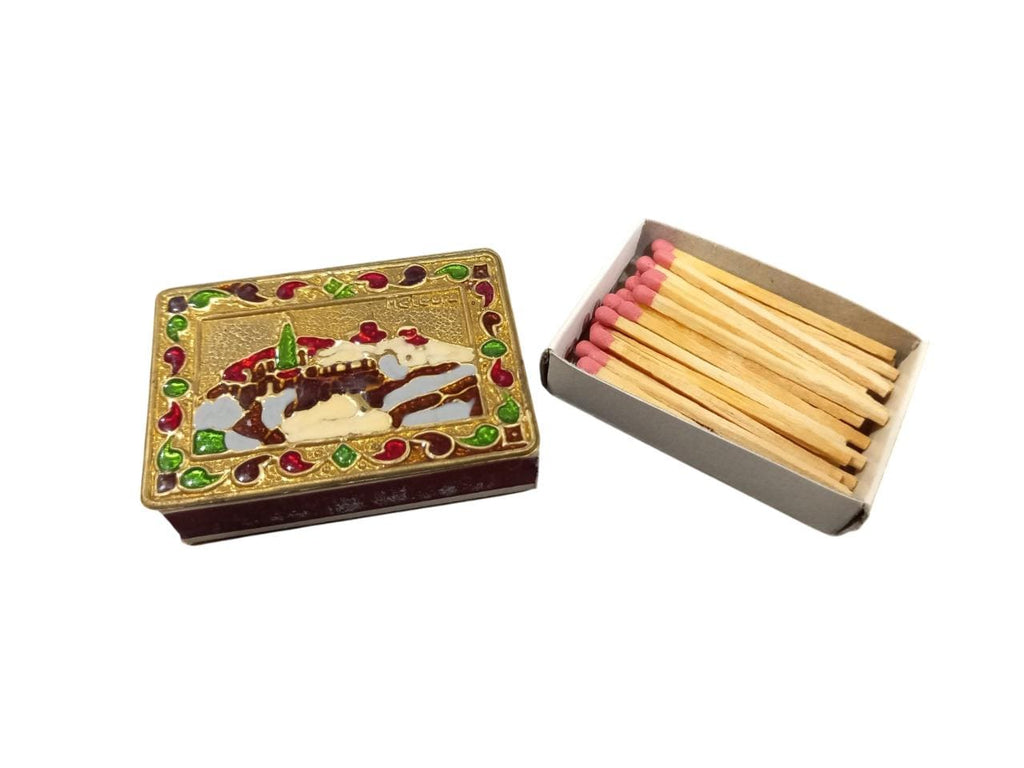 2 1/8" Bronze Handpainted Enamel Design METEORA Monasteries Matchbox Container Case for Matches 5.5cm