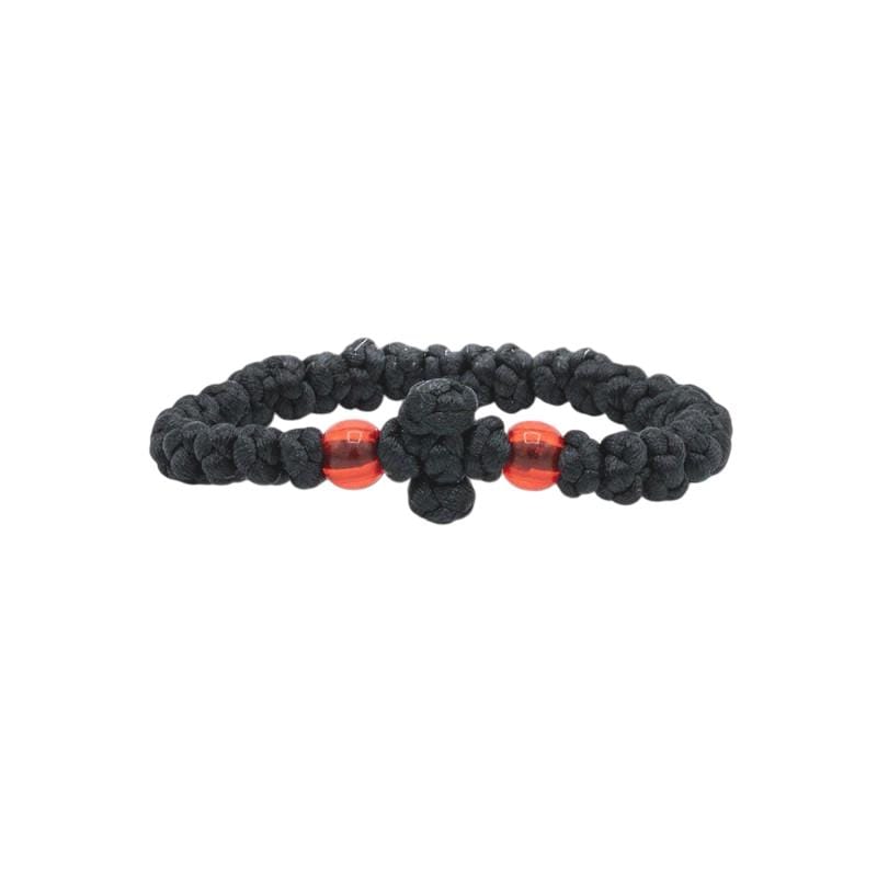 Black Silk Greek Orthodox Prayer Rope – Handknotted Greek Orthodox Bracelet with Red Beads – Handmade Religious Gift Chotki