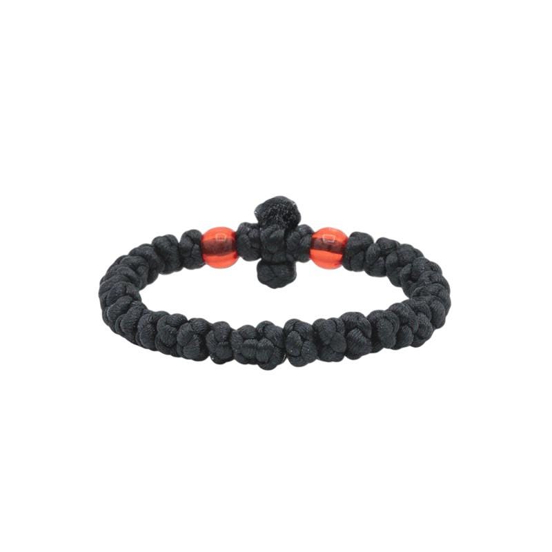Black Silk Greek Orthodox Prayer Rope – Handknotted Greek Orthodox Bracelet with Red Beads – Handmade Religious Gift Chotki