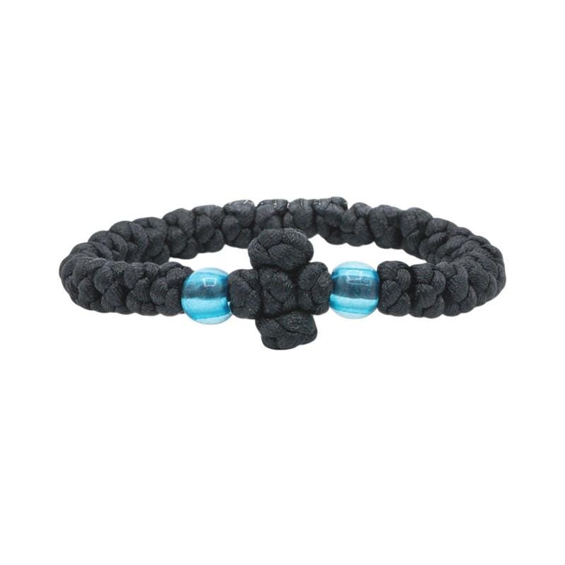 Black Silk Greek Orthodox Prayer Rope – Handknotted Greek Orthodox Bracelet with Blue Beads – Handmade Religious Gift Chotki