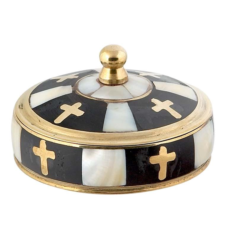 Round Brass Box Relic Case Incense Storage Rosary Safe Religious Jewelry Crosses Design Mother of Pearl Inlay Greek Orthodox Anointing Oil