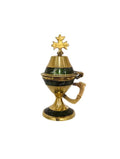 4 1/8" Small Brass Censer with Cross – Green Glitter Handmade Incense Burner – Orthodox Frankincense Holder 10.6cm