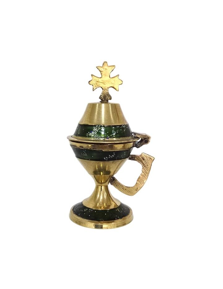 4 1/8" Small Brass Censer with Cross – Green Glitter Handmade Incense Burner – Orthodox Frankincense Holder 10.6cm