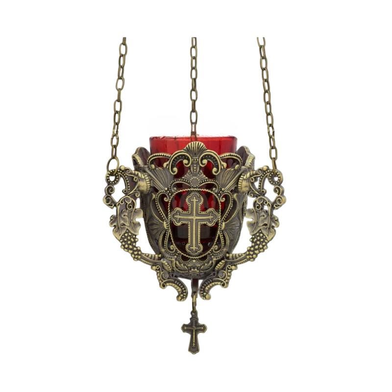 Greek Christian Vigil Oil Lamp Wall Hanging Cross & Vine Design Byzantine Orthodox Decor with Hanging Chains