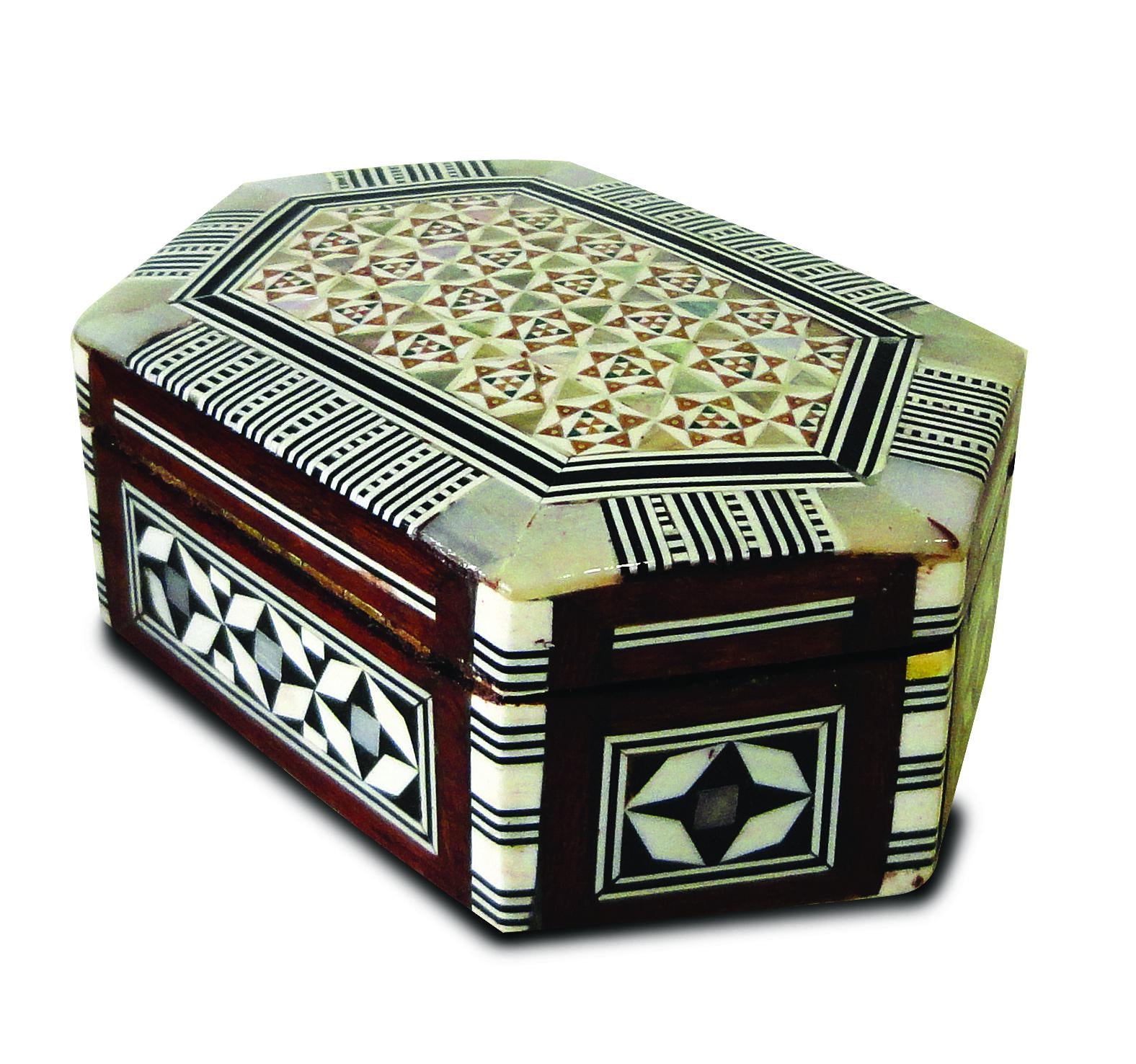 Handmade Wooden Relic Case Jewlery Box Trunk Velvet Lined Mother of Pearl Inlay Square Hexagonal Various Sizes