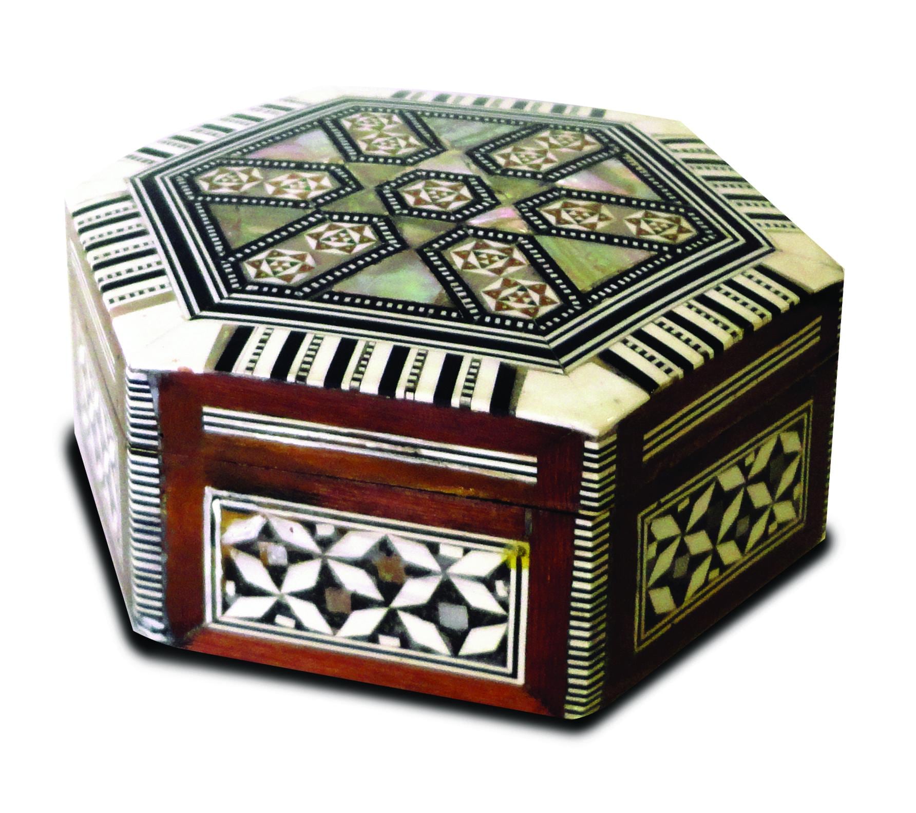 Handmade Wooden Relic Case Jewlery Box Trunk Velvet Lined Mother of Pearl Inlay Square Hexagonal Various Sizes