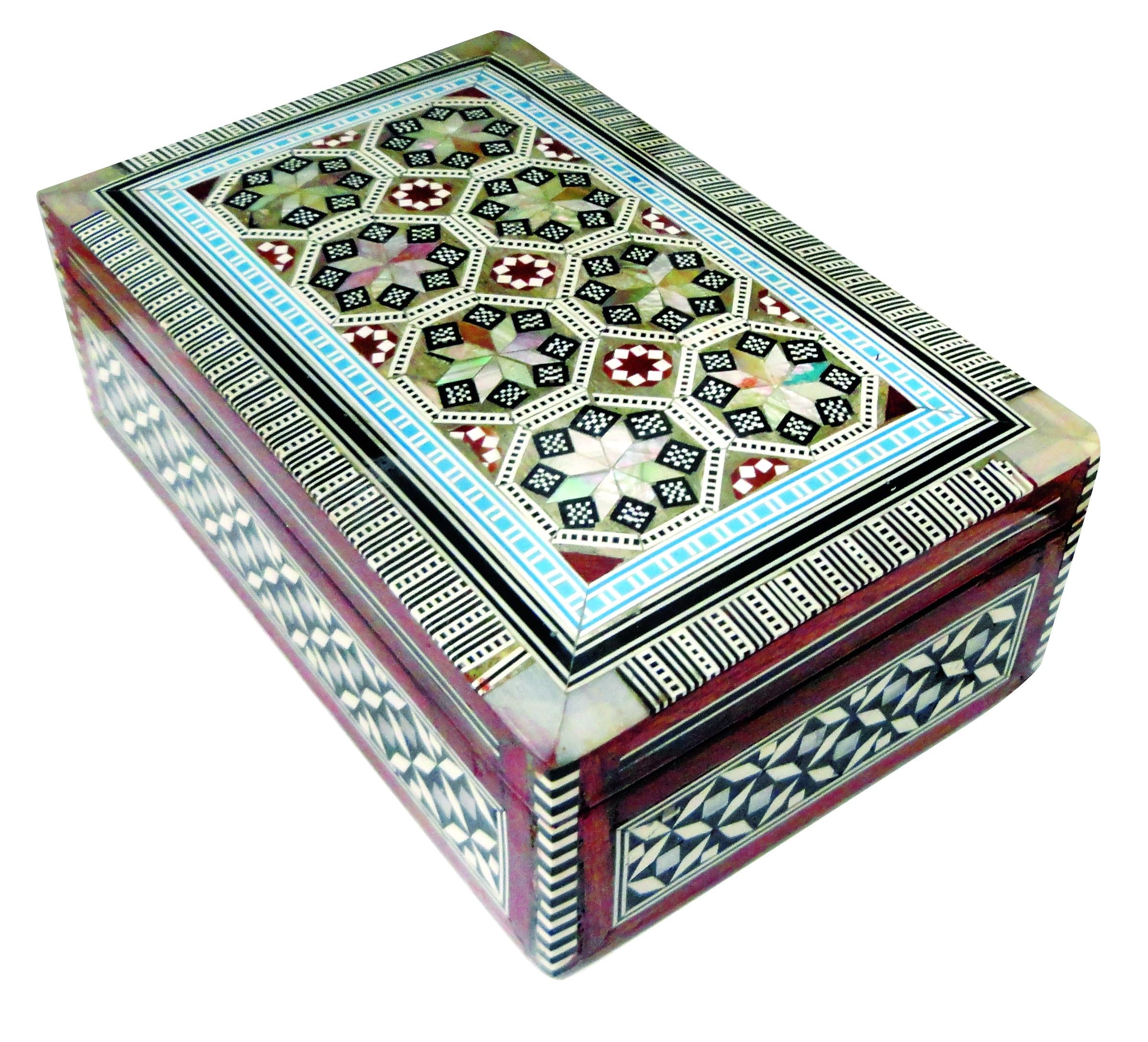 Handmade Wooden Relic Case Jewlery Box Trunk Velvet Lined Mother of Pearl Inlay Square Hexagonal Various Sizes