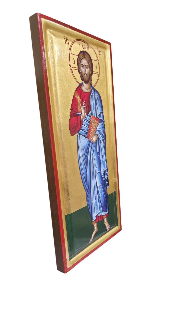 Greek Orthodox Icon Jesus Christ Blessing | 16"x7.25" Gilded Canvas | Gold Leaf Wall Art | Handcrafted Religious Icon | Vivid Colors